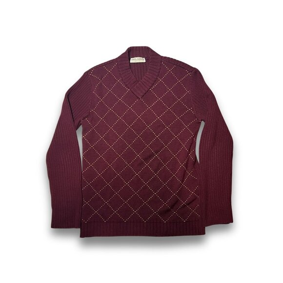 Vintage Dolce & Gabbana Argyle Knit Pullover Jumper Wine Red Wool Large - Picture 2 of 5